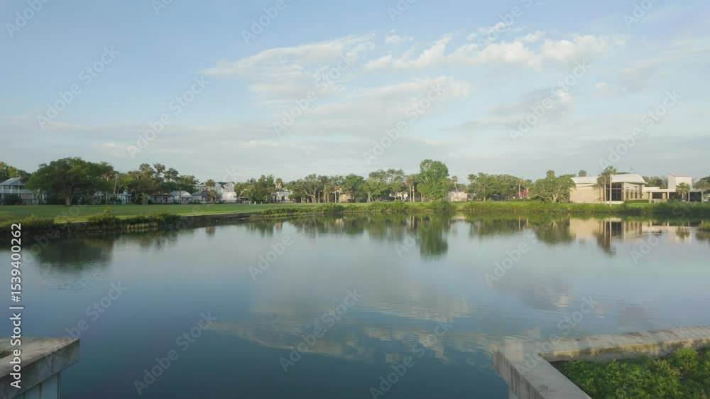 Still waters reflect a blue sky and trees along a landscaped lakefront in Florida. Ideal for peaceful nature, real estate, or lifestyle b-roll. Still waters reflect a blue sky and trees along a landscaped lakefront in Florida. Ideal for peaceful nature, real estate, or lifestyle b-roll.
