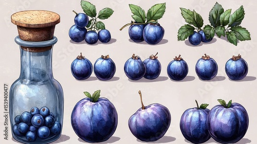 Hand-drawn illustration of various shades of blue berries and a glass jar.