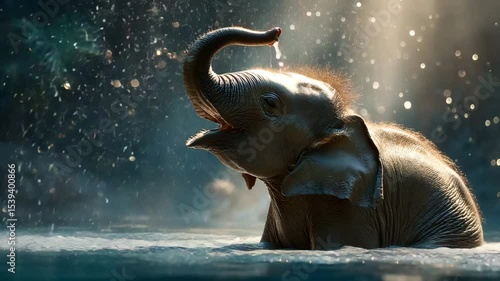 Playful Baby Elephant Splashes in Sunlit Water