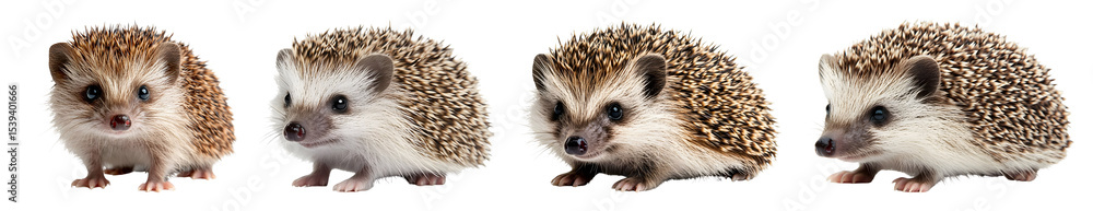 Obraz premium Row Of Four Hedgehogs With Varied Coat Colors And Patterns Are Side By Side On A Transparent Background