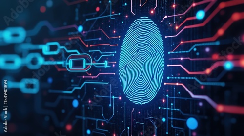 cyber privacy rights concept. Digital fingerprint on a circuit board background with glowing elements.