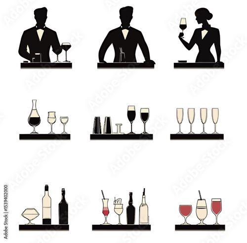 Illustration of bartenders showcasing various drinks and cocktail glasses.