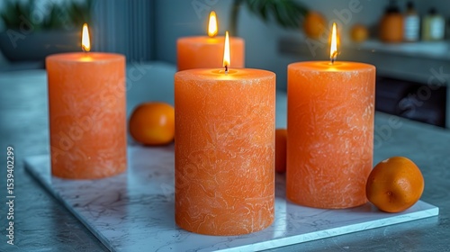 Abstract blur contemporary interior bathroom in blue color background with white marble table with aroma candles  
