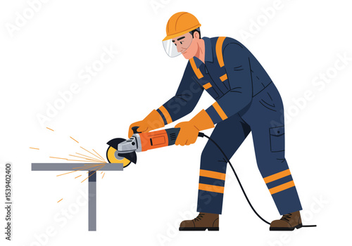 A worker grinds metal with a tool sparks flying wearing safety gear