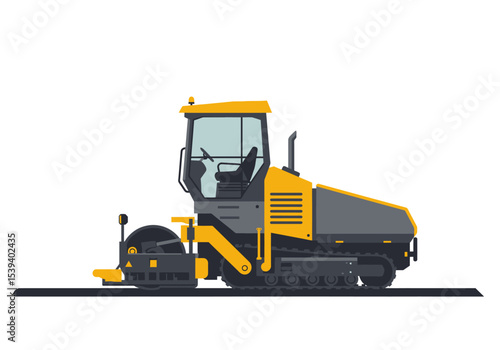 A yellow and gray road milling machine on a black line against a white background