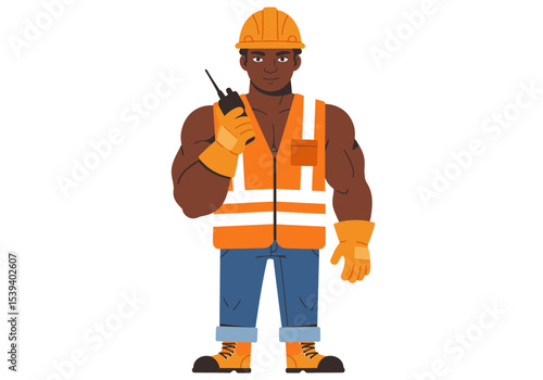 Cartoon construction worker in hard hat vest gloves holds radio on white