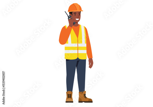 Construction worker in hard hat and safety vest holding a walkietalkie