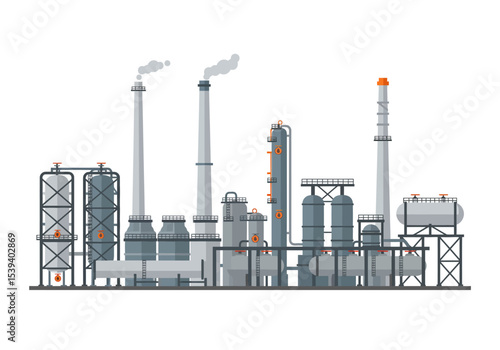 Depicts a gray industrial complex with tall chimneys emitting vapor and assorted tanks