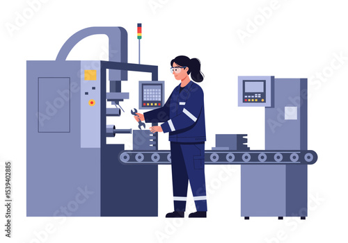 Factory worker uses a wrench on a machine on a conveyor belt