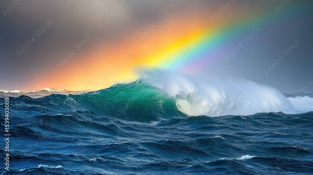 Fototapeta premium Dramatic ocean waves crashing, rainbow arc over stormy seas