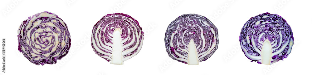 set of Close-up view of four slices of red cabbage. isolated on transparent background set of Close-up view of four slices of red cabbage. isolated on transparent background