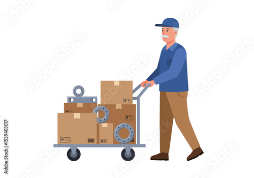 Man with cart of boxes and rings