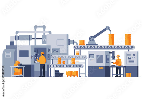 Manufacturing plant with machinery conveyor belts and workers in a stylized flat design