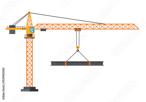 Orange crane lifting a gray Ibeam with orange straps against a white background