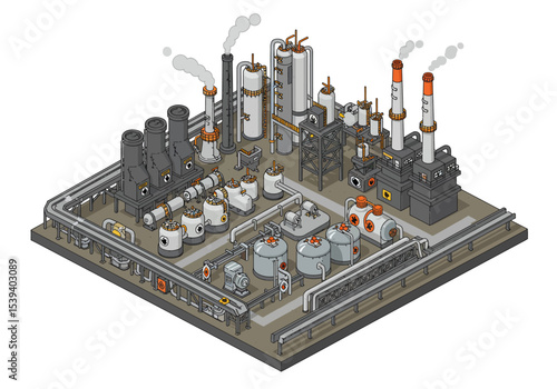 Pixel art style factory industrial facility with tall towers  pipelines emitting smoke
