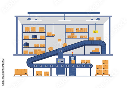 Warehouse interior scene with conveyor belt  boxes on shelves
