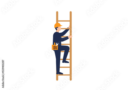 Worker in hardhat climbs a ladder toolbelt visible against a blank background