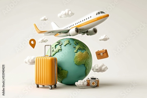 3D Illustration of Airplane Flying Around Globe with Luggage, Camera, and Pins Icons in Minimal Style.
