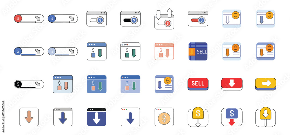 Collection of various financial web elements and icons representing money profit loss and financial transactions in color Collection of various financial web elements and icons representing money profit loss and financial transactions in color