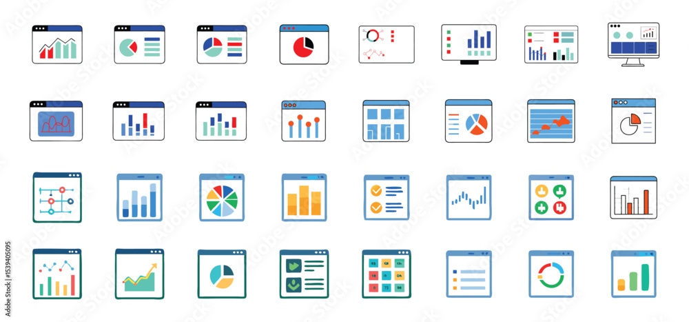 Collection of vector illustrated web browser windows displaying various business and financial data charts and graphs Collection of vector illustrated web browser windows displaying various business and financial data charts and graphs