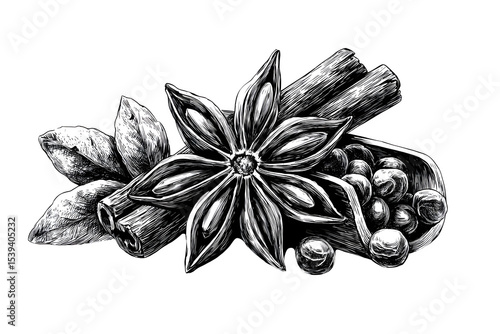 Fototapeta Naklejka Na Ścianę i Meble -  Line drawing of star anise, clove buds, pods, and plant segments in engraved spice set format. Detailed, elegant ink sketch ideal for packaging and culinary art. Ultra HD