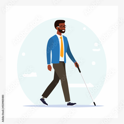 A person walking confidently with a white cane, symbolizing vision loss, safety, and public inclusion.