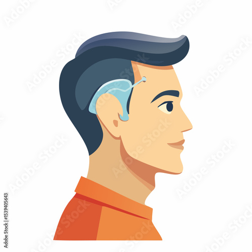 A person shown in profile wearing a hearing aid, symbolizing inclusivity and assistive technology.