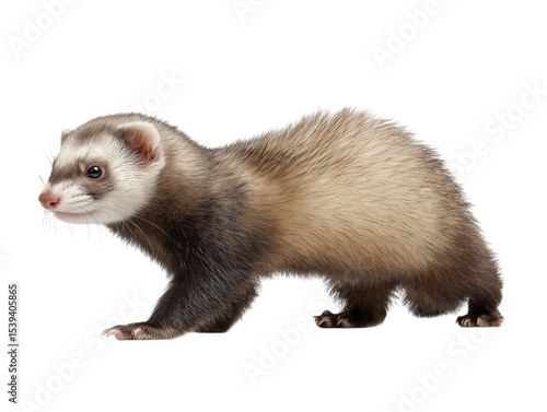 Young brown domestic ferret, six months old, sitting isolated on a white background
