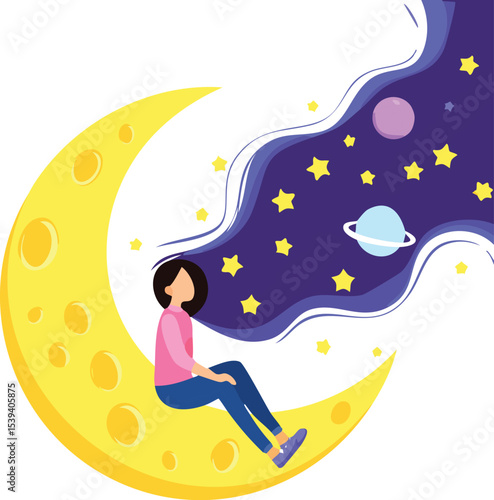 A girl sitting on the moon with her hair flowing into a galaxy filled with stars, planets, and comets. Flat vector illustration, dreamy and minimalistic