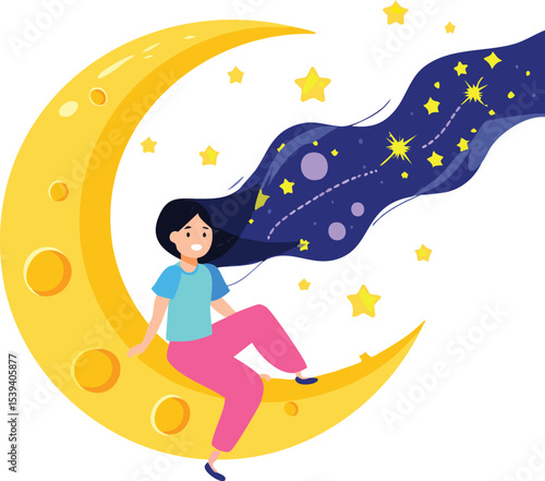A girl sitting on the moon with her hair flowing into a galaxy filled with stars, planets, and comets. Flat vector illustration, dreamy and minimalistic