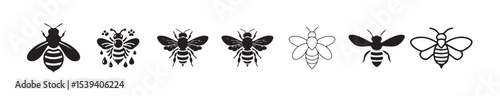 Flying bee icon isolated on white background,  black color bee silhouette icon. Bee icons. Vector illustration eps 10.