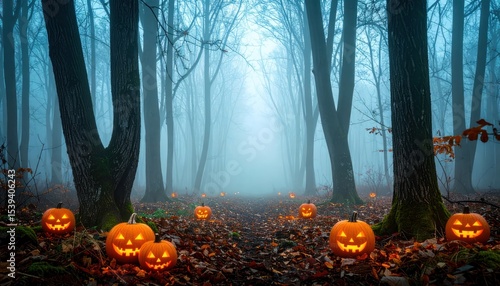 Fototapeta Naklejka Na Ścianę i Meble -  Halloween fog-filled forest path with jack-o'-lanterns