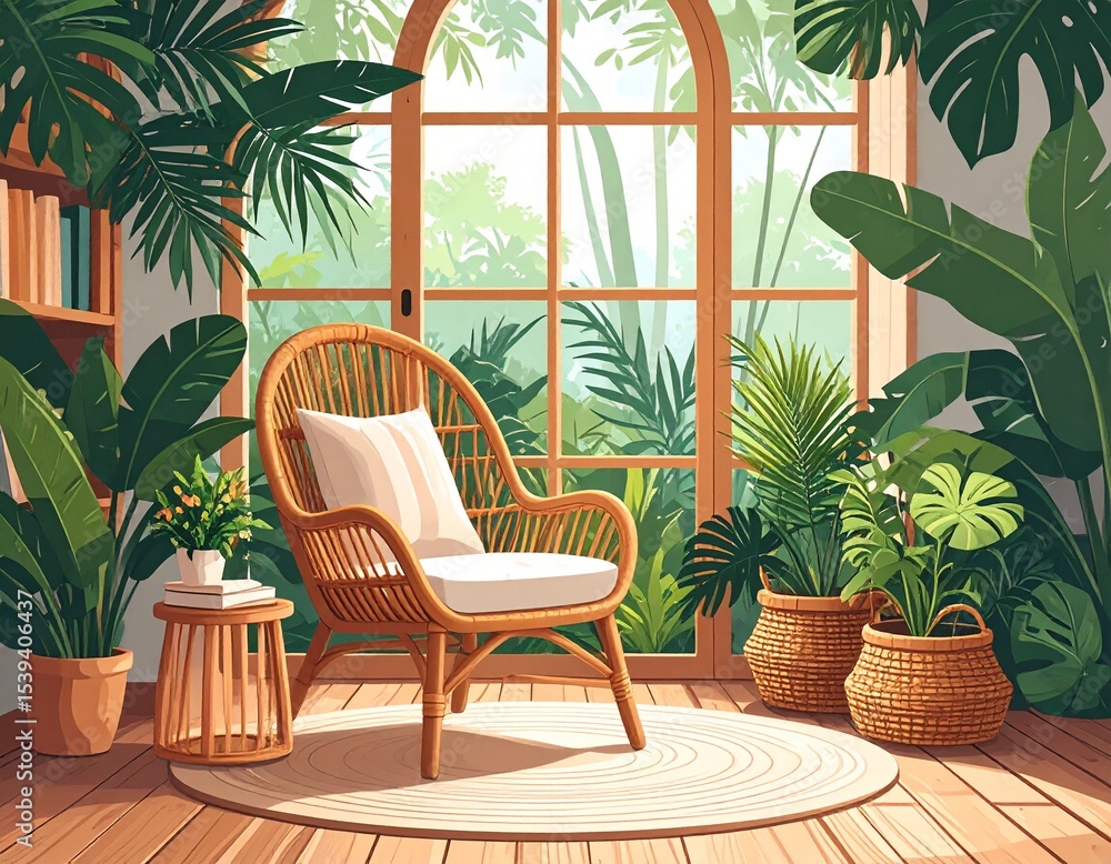 Fototapeta premium Vector art of tropical reading book with rattan chair, indoor plants, wooden floor, sunlight streaming through bamboo window, cozy and warm mood