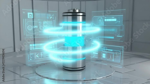 Futuristic battery with holographic interface displaying energy data in high-tech laboratory environment.