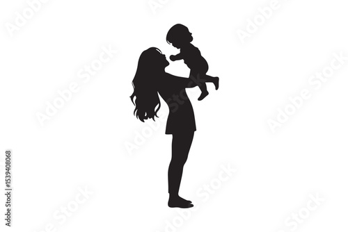 Silhouette and Outline of Mother Lifting Baby in Air – Family Love Concept