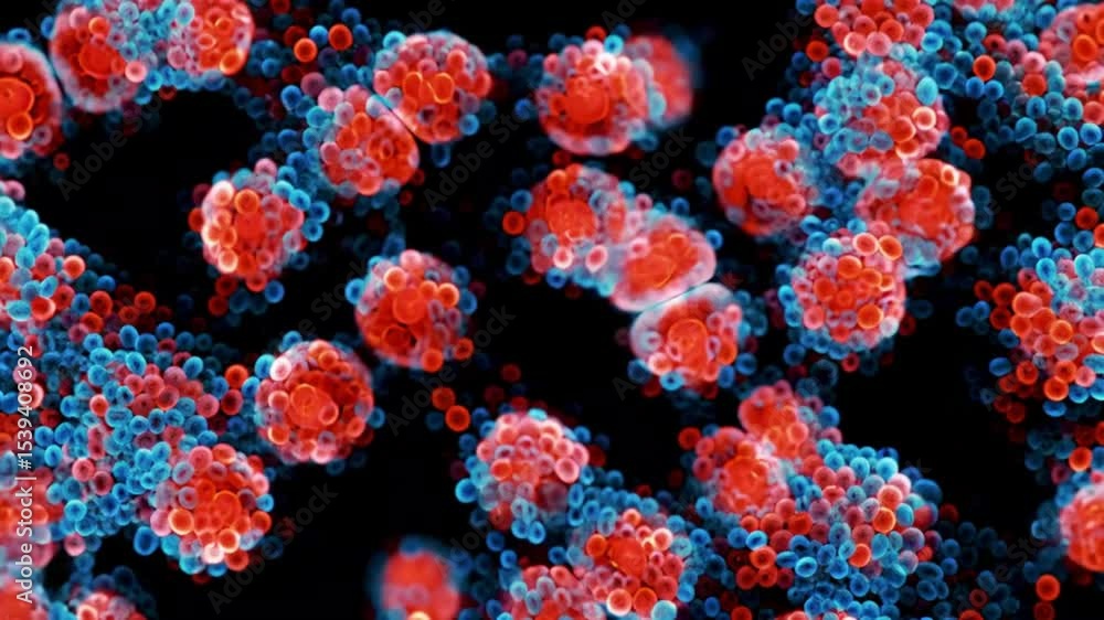 Microscopic view of abstract cells dividing and multiplying, clean background.