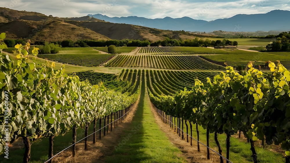 Fototapeta premium Lush vineyard landscape with orderly rows of vines, rolling hills, and distant mountain range