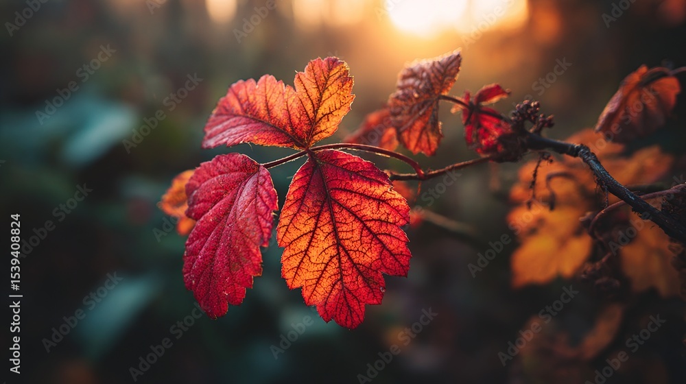 Backlit autumn leaves, vibrant red and orange hues, detailed veins visible, shallow depth of field, sun setting in background Backlit autumn leaves, vibrant red and orange hues, detailed veins visible, shallow depth of field, sun setting in background