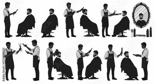 Barbershop silhouettes collection showcasing various hairstyling poses for men, perfect for salon marketing or graphic design projects.