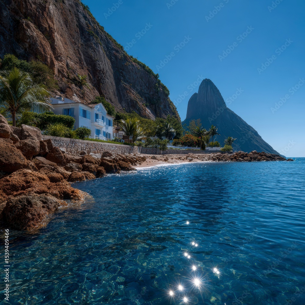 Fototapeta premium Coastal Paradise Luxury Home Clear Ocean Rocky Shore Tropical Beach