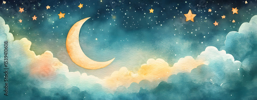 Whimsical Watercolor Crescent Moon and Starry Night Sky