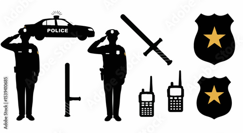 Saluting Police Officers Silhouettes with Badges Police Car and Equipment
