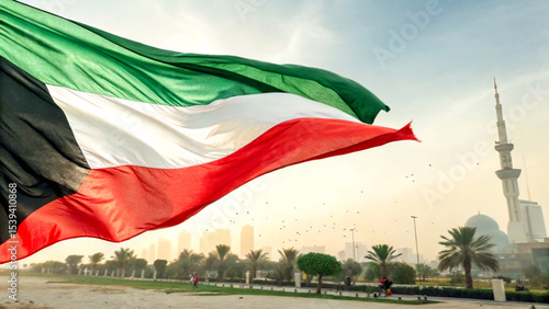 Watercolor illustration of Kuwait National Day with vibrant flag colors and skyline
