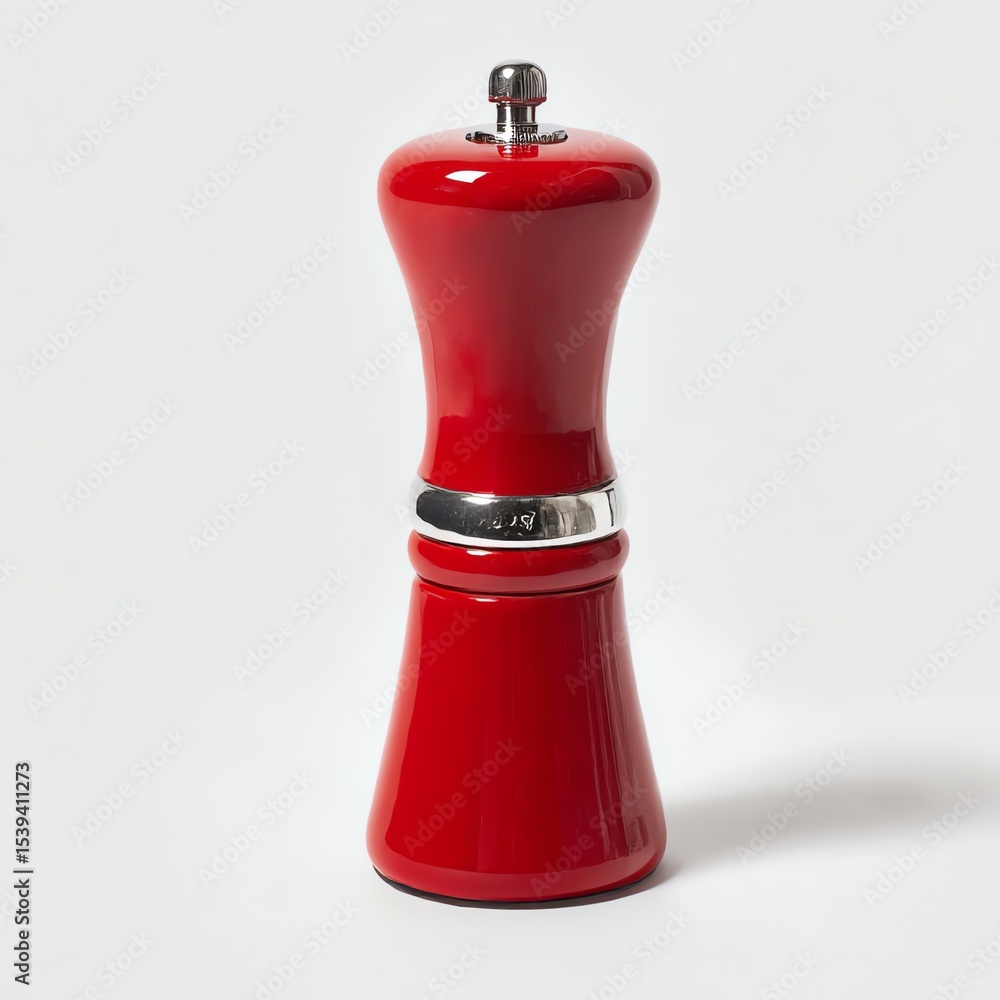 Obraz premium Red pepper grinder with a sleek design against a white isolated background.