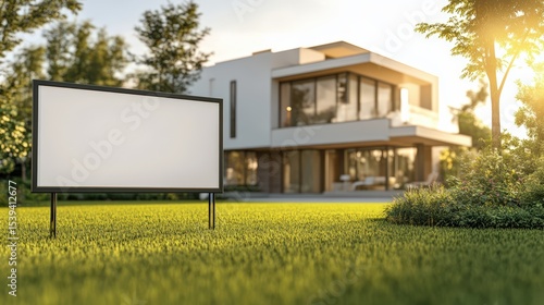 Blank sign on lawn in front of modern house for real estate advertising or event promotion