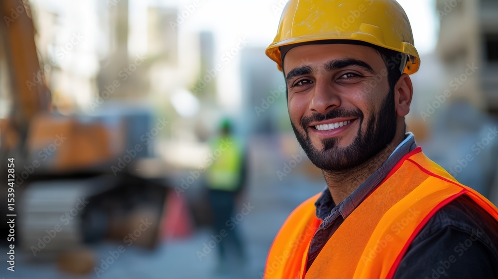 Smiling middle eastern construction workers in high visibility gear at urban construction site Smiling middle eastern construction workers in high visibility gear at urban construction site