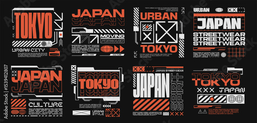 Japanese streetwear t-shirt design bundle, Urban japan graphic set, Tokyo japan poster vector collection, Japan culture design collection, Geometric streetwear packs for apparel