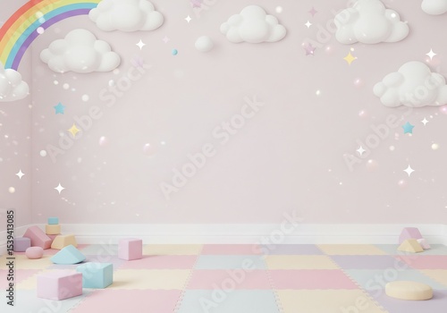 Pastel kids room background with rainbow, clouds, soft toys and pastel blocks