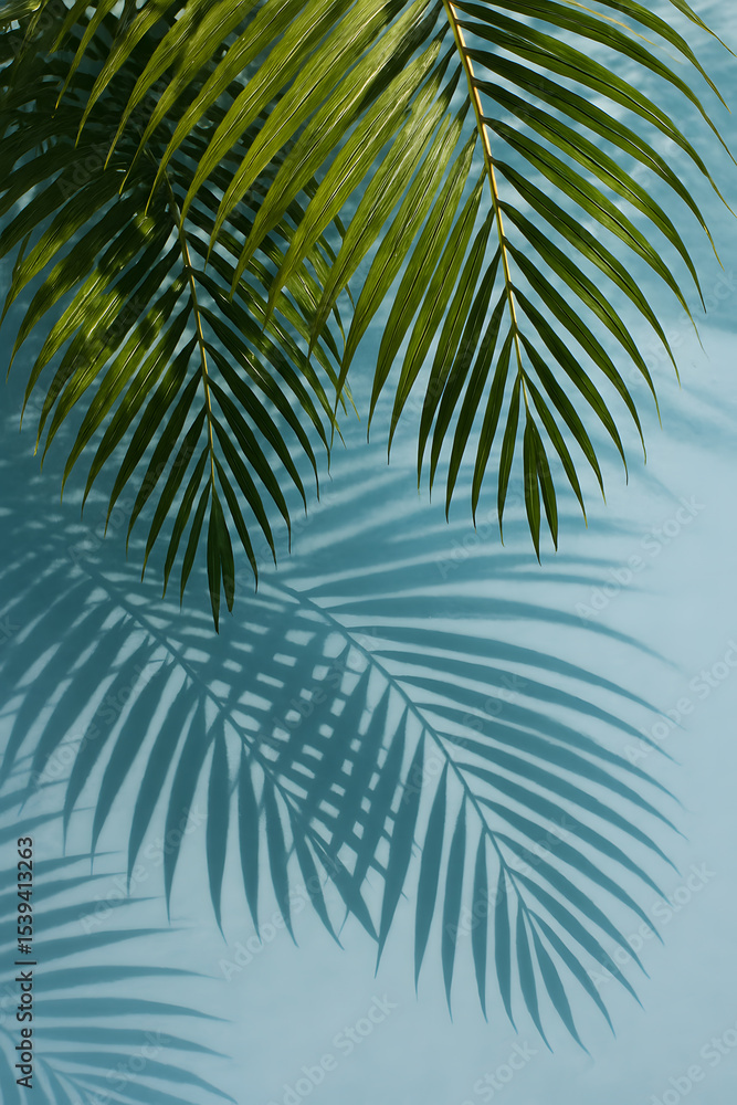 Fototapeta premium Vibrant green palm fronds cast dramatic, elongated shadows onto a light blue background, evoking a sunny, tropical feel