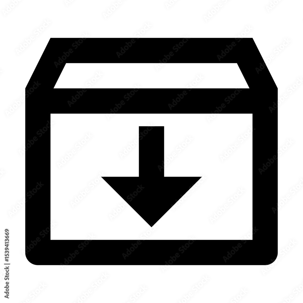 Fototapeta premium Black outlined box with an arrow pointing down inside, representing download or import icon design element
